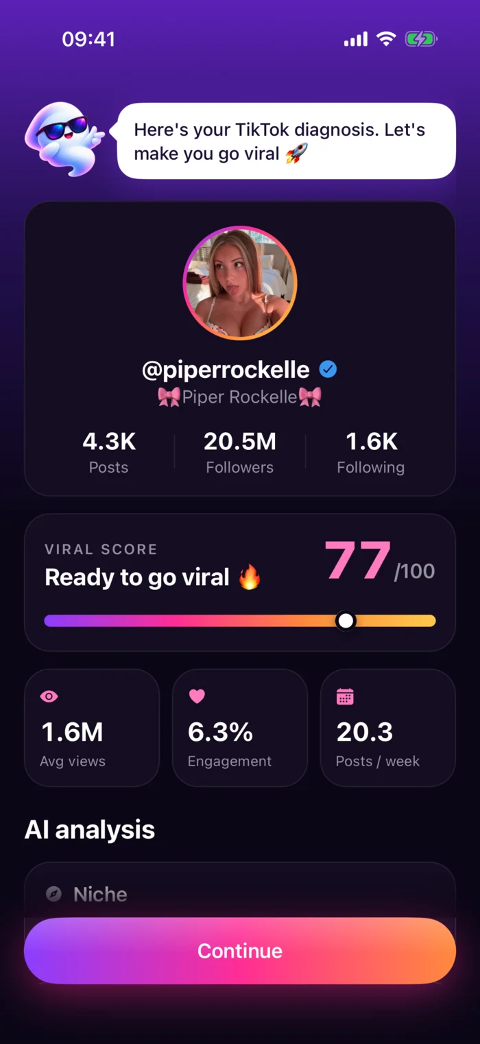 JustViral diagnosis of a TikTok account with 20.5M followers and a viral score of 77