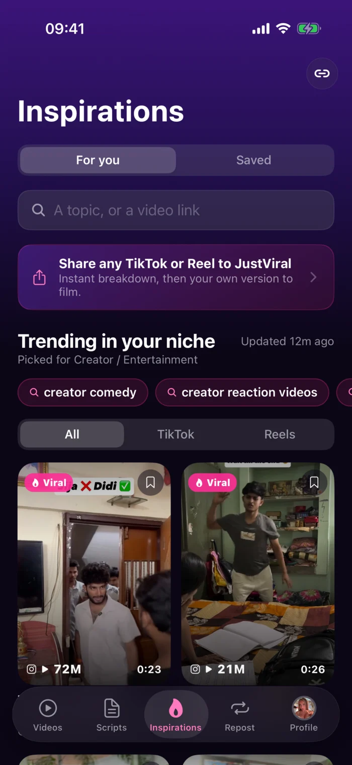 Inspirations feed with trending videos in the creator's niche