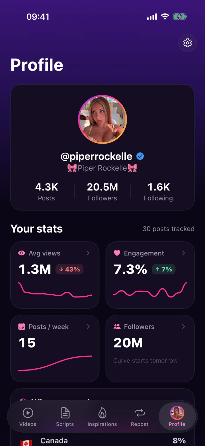 Profile with followers, average views and engagement